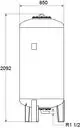 Vertikales Druckausdehnungsgefäß mit runder Form und Anschlussstücken, hergestellt von IMI Hydronic Engineering, mit markierten Abmessungen auf technischem Diagramm.
